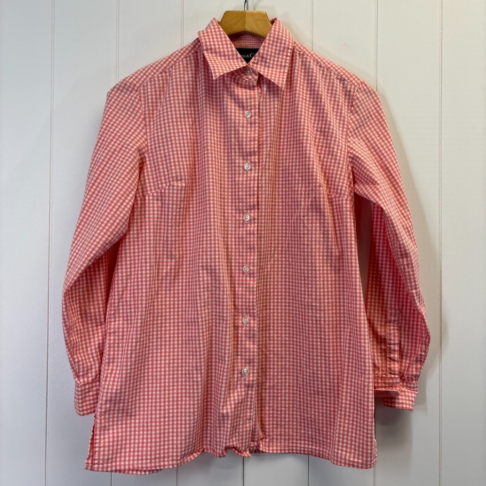 Denim & Co Preppy Gingham Plaid Button Front Shirt Women Size S Classic Picnic